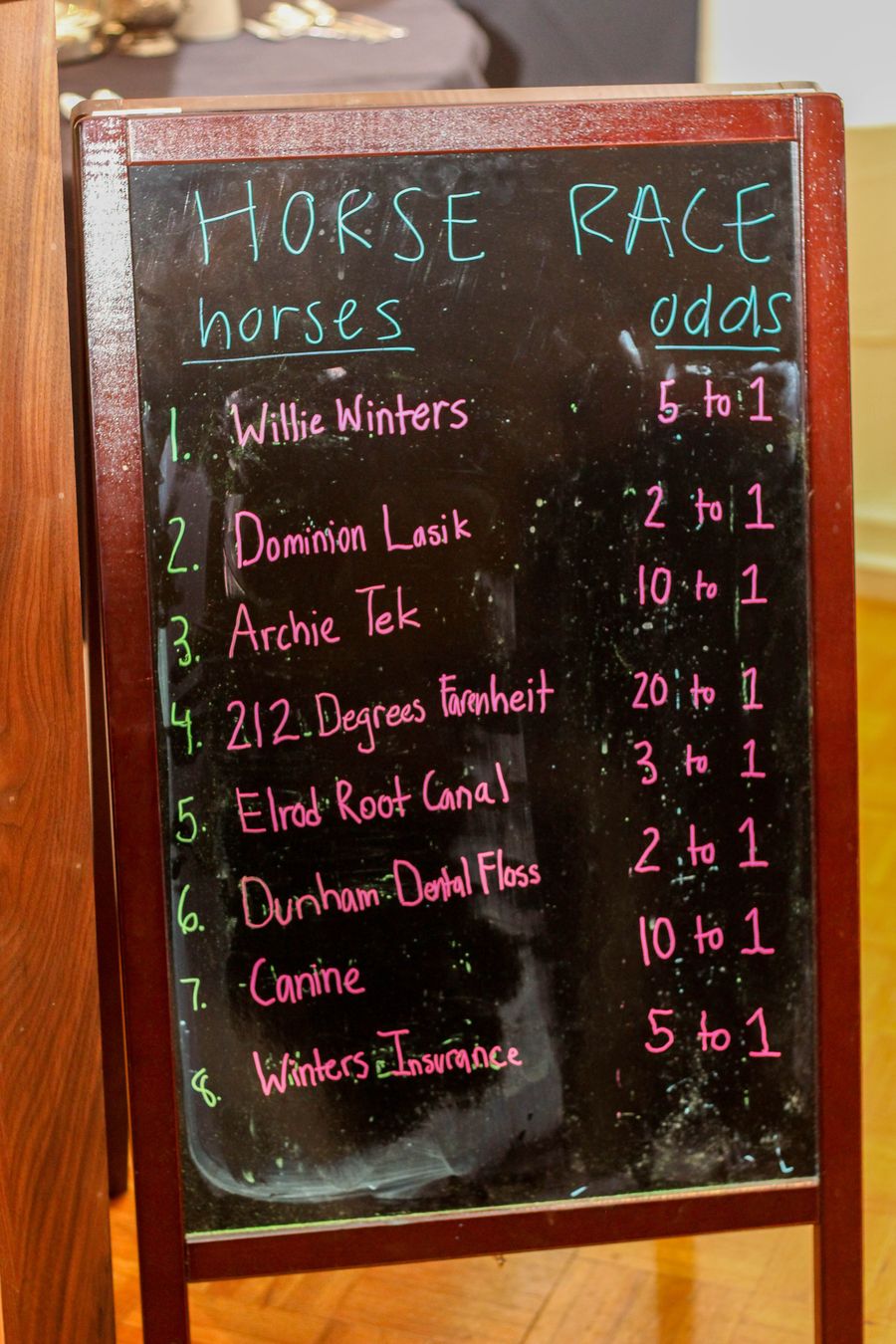 Derby Dash chalkboard odds board with custom horse names and odds - Metro Casino Events