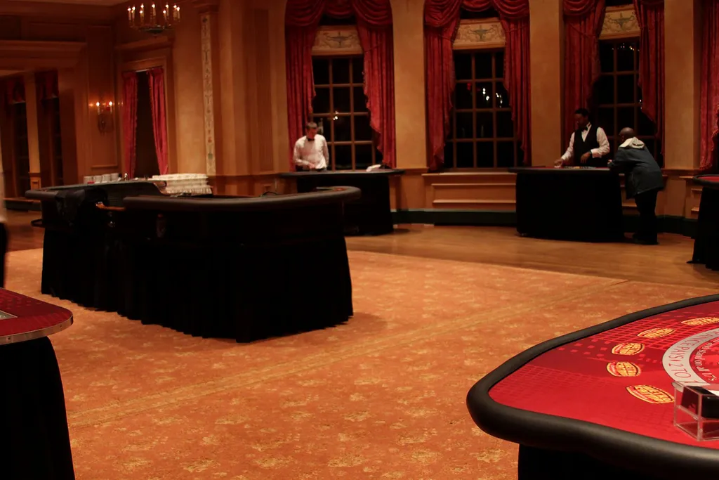 Casino tables arranged in a ballroom